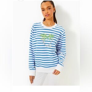 NWT Lilly Pulitzer Ballad Long Sleeve Sweatshirt Blue Stream Stripe Twin Palms M